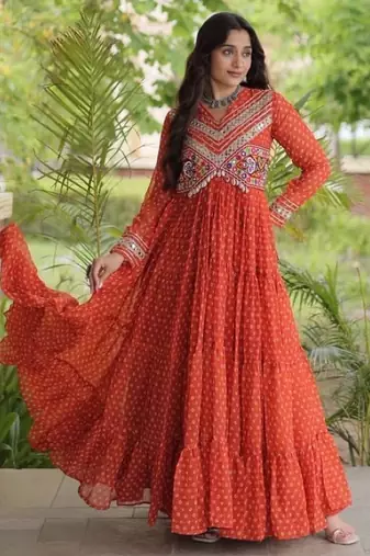 Orange georgette readymade navratri anarkali with bandhani & kutchi patchework