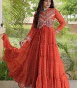 Orange georgette readymade navratri anarkali with bandhani & kutchi patchework