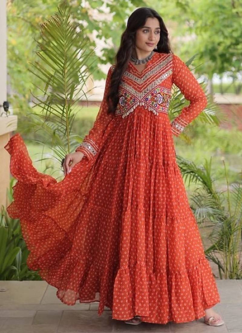 Orange georgette readymade navratri anarkali with bandhani & kutchi patchework