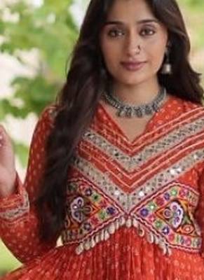 Orange georgette readymade navratri anarkali with bandhani & kutchi patchework 2