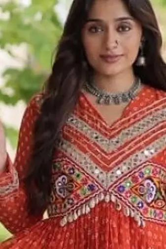 Orange georgette readymade navratri anarkali with bandhani & kutchi patchework