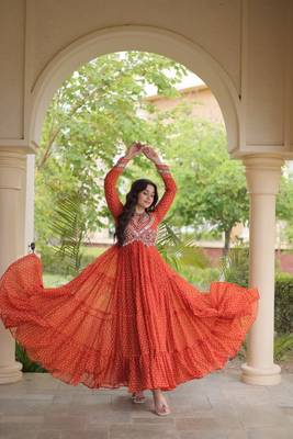 Orange georgette readymade navratri anarkali with bandhani & kutchi patchework 3