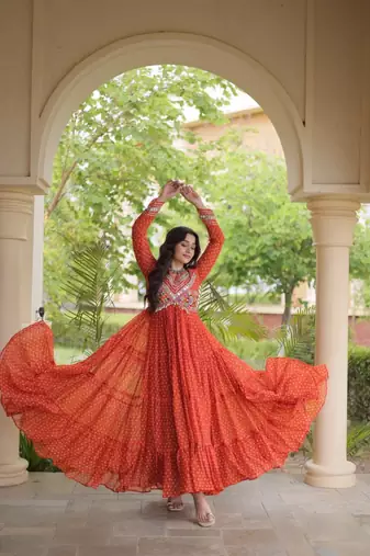 Orange georgette readymade navratri anarkali with bandhani & kutchi patchework