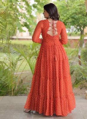Orange georgette readymade navratri anarkali with bandhani & kutchi patchework 4