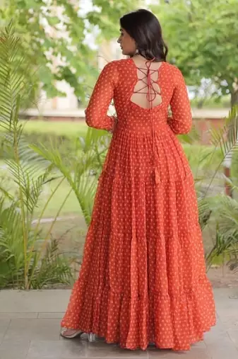 Orange georgette readymade navratri anarkali with bandhani & kutchi patchework