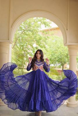Blue georgette readymade navratri anarkali with bandhani & kutchi patchework 1