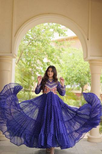 Blue georgette readymade navratri anarkali with bandhani & kutchi patchework