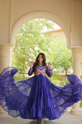 Blue georgette readymade navratri anarkali with bandhani & kutchi patchework