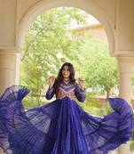 Blue georgette readymade navratri anarkali with bandhani & kutchi patchework