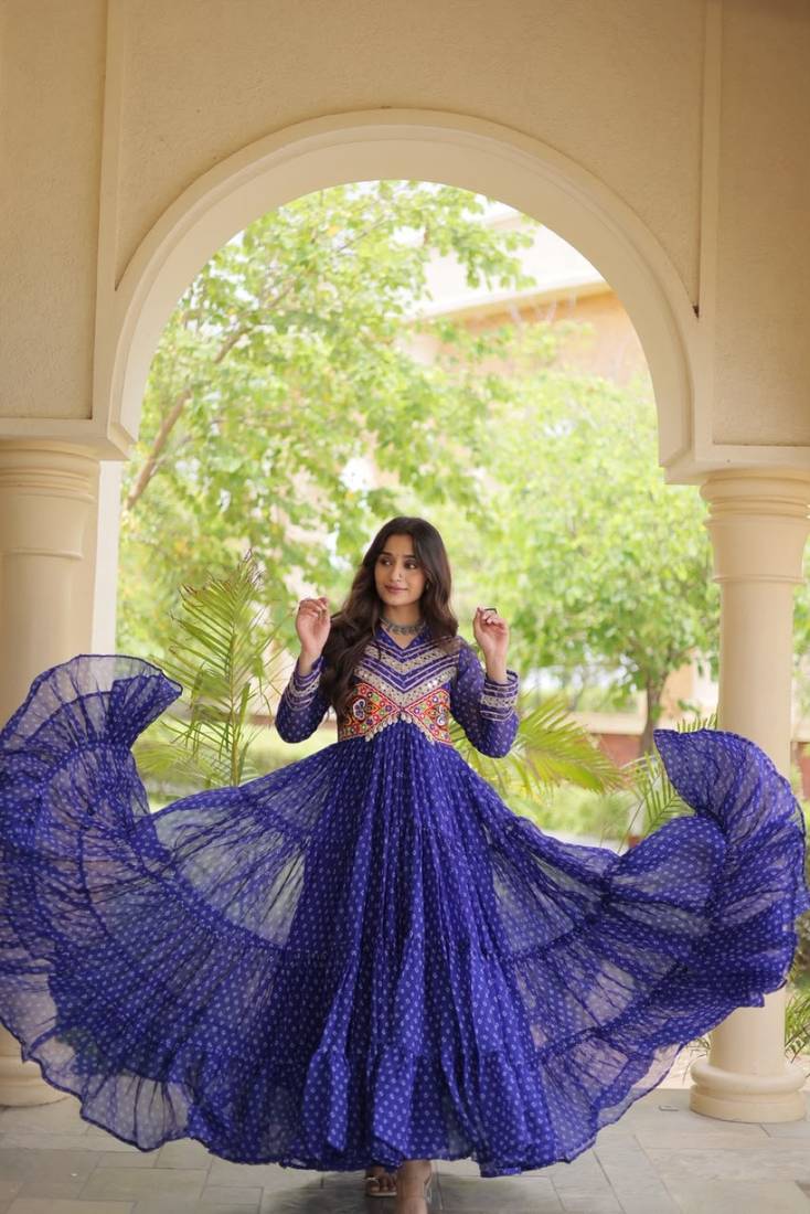 Blue georgette readymade navratri anarkali with bandhani & kutchi patchework