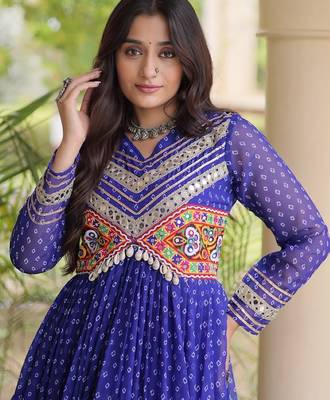 Blue georgette readymade navratri anarkali with bandhani & kutchi patchework 2