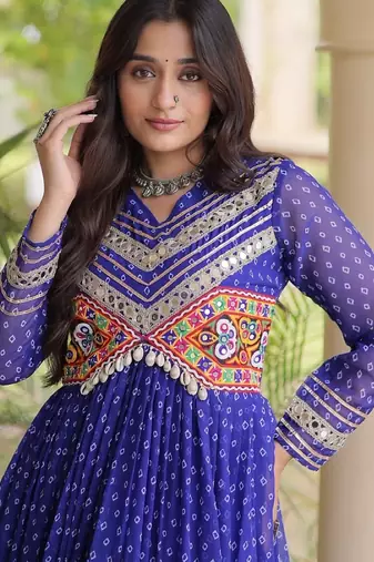 Blue georgette readymade navratri anarkali with bandhani & kutchi patchework