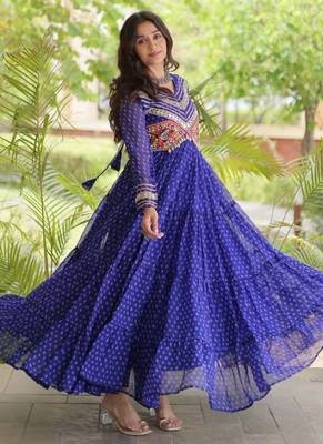 Blue georgette readymade navratri anarkali with bandhani & kutchi patchework 3