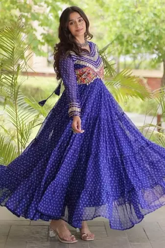 Blue georgette readymade navratri anarkali with bandhani & kutchi patchework