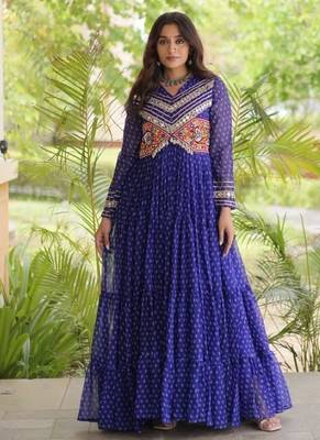 Blue georgette readymade navratri anarkali with bandhani & kutchi patchework 4