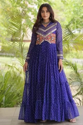Blue georgette readymade navratri anarkali with bandhani & kutchi patchework