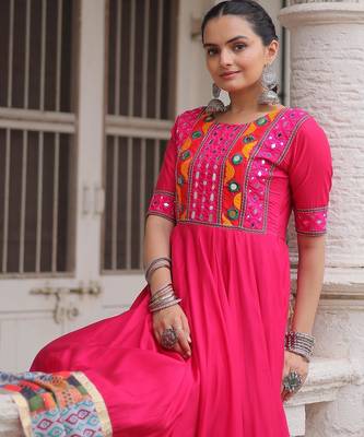 Rani silk blend readymade navratri anarkali with multi thread & mirror work 1