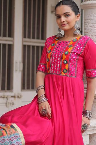 Rani silk blend readymade navratri anarkali with multi thread & mirror work