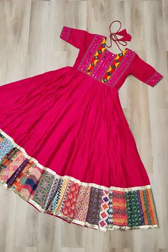 Rani silk blend readymade navratri anarkali with multi thread & mirror work