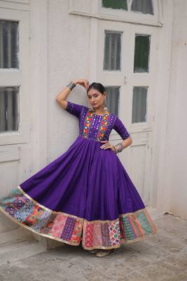 Violet silk blend readymade navratri anarkali with multi thread & mirror work 1