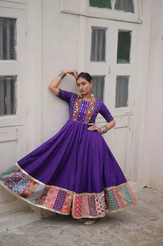 Violet silk blend readymade navratri anarkali with multi thread & mirror work