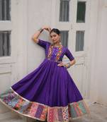 Violet silk blend readymade navratri anarkali with multi thread & mirror work