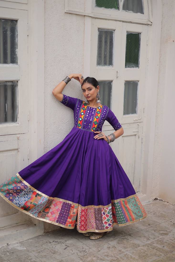 Violet silk blend readymade navratri anarkali with multi thread & mirror work