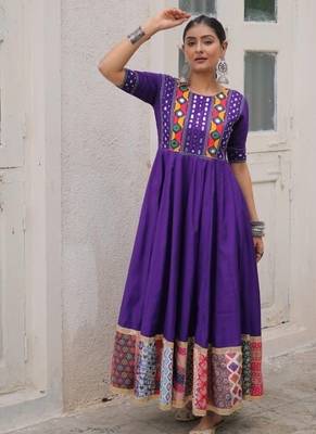 Violet silk blend readymade navratri anarkali with multi thread & mirror work 2