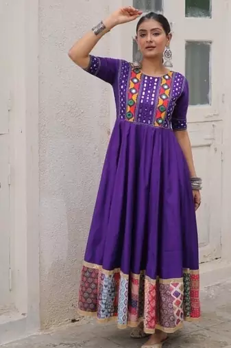 Violet silk blend readymade navratri anarkali with multi thread & mirror work