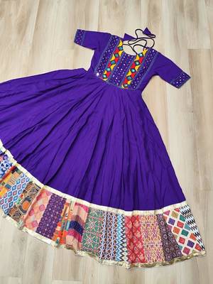 Violet silk blend readymade navratri anarkali with multi thread & mirror work 3