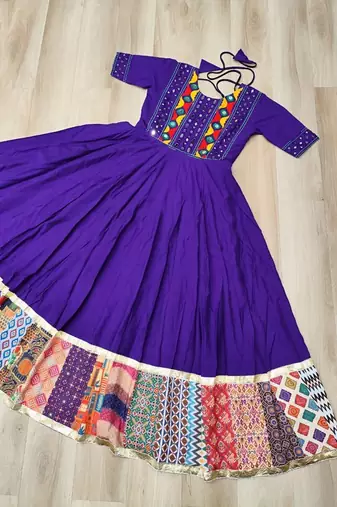 Violet silk blend readymade navratri anarkali with multi thread & mirror work