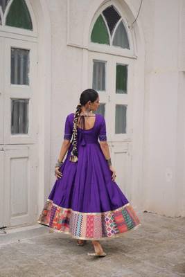 Violet silk blend readymade navratri anarkali with multi thread & mirror work 4