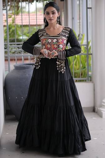 Black rayon readymade navratri anarkali with kutchi gamthi thread work