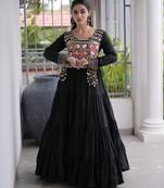 Black rayon readymade navratri anarkali with kutchi gamthi thread work