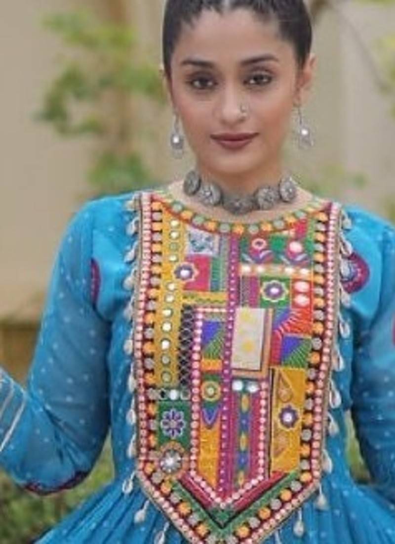 Blue georgette readymade navratri anarkali with bandhani & kutchi patchework