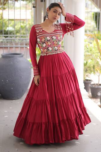 Maroon rayon readymade navratri anarkali with kutchi gamthi thread work