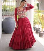 Maroon rayon readymade navratri anarkali with kutchi gamthi thread work