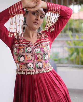 Maroon rayon readymade navratri anarkali with kutchi gamthi thread work 2