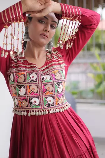 Maroon rayon readymade navratri anarkali with kutchi gamthi thread work