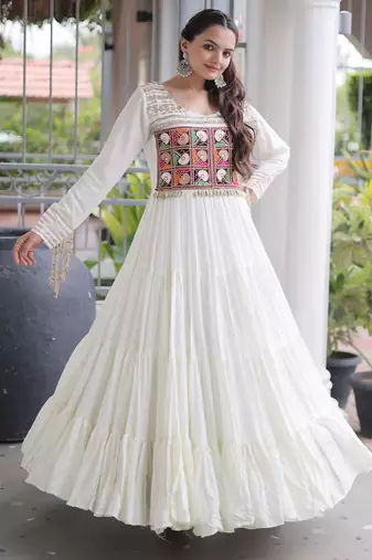 White rayon readymade navratri anarkali with kutchi gamthi thread work