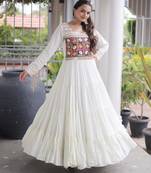 White rayon readymade navratri anarkali with kutchi gamthi thread work