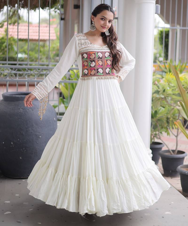 White rayon readymade navratri anarkali with kutchi gamthi thread work