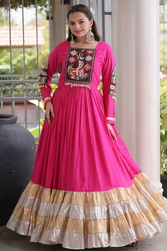 Rani rayon readymade navratri anarkali with kutchi gamthi thread work