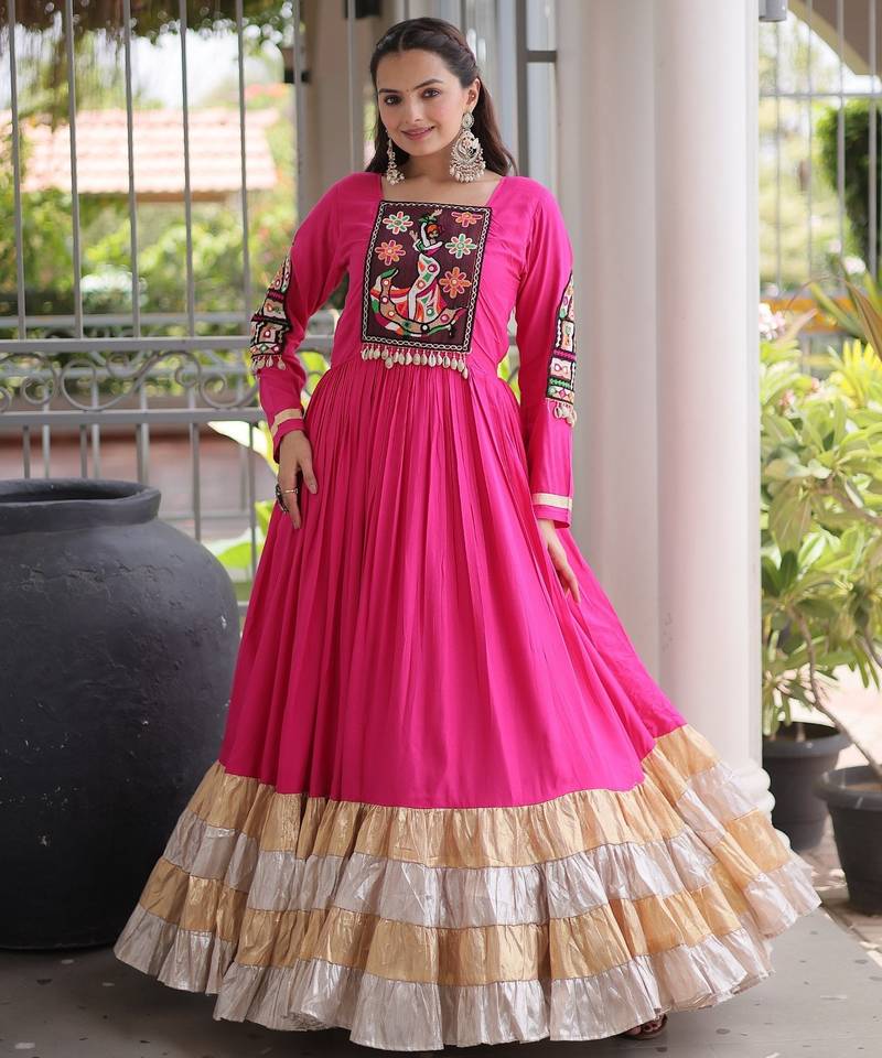 Rani rayon readymade navratri anarkali with kutchi gamthi thread work