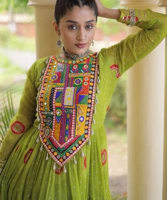 Olive georgette readymade navratri anarkali with bandhani & kutchi patchework 5