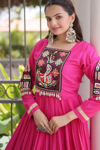 Rani rayon readymade navratri anarkali with kutchi gamthi thread work