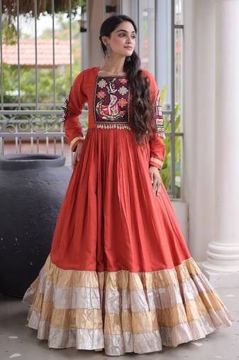 Orange rayon readymade navratri anarkali with kutchi gamthi thread work