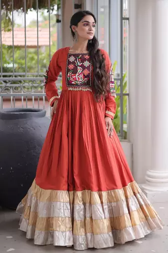 Orange rayon readymade navratri anarkali with kutchi gamthi thread work