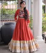 Orange rayon readymade navratri anarkali with kutchi gamthi thread work