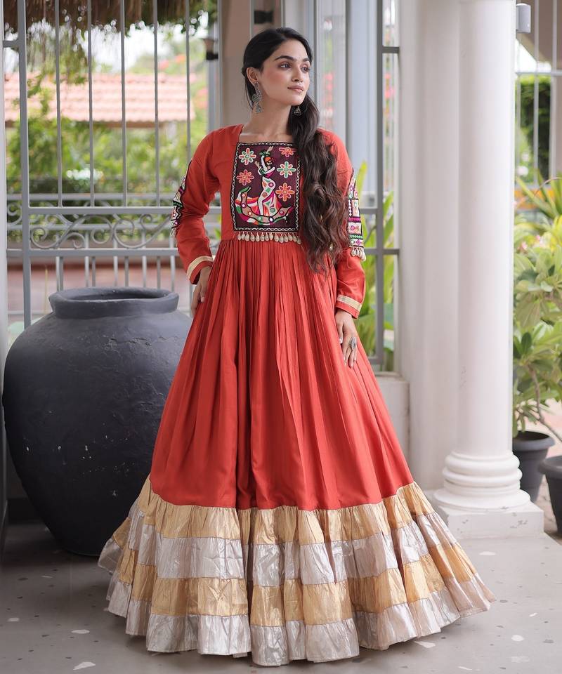 Orange rayon readymade navratri anarkali with kutchi gamthi thread work